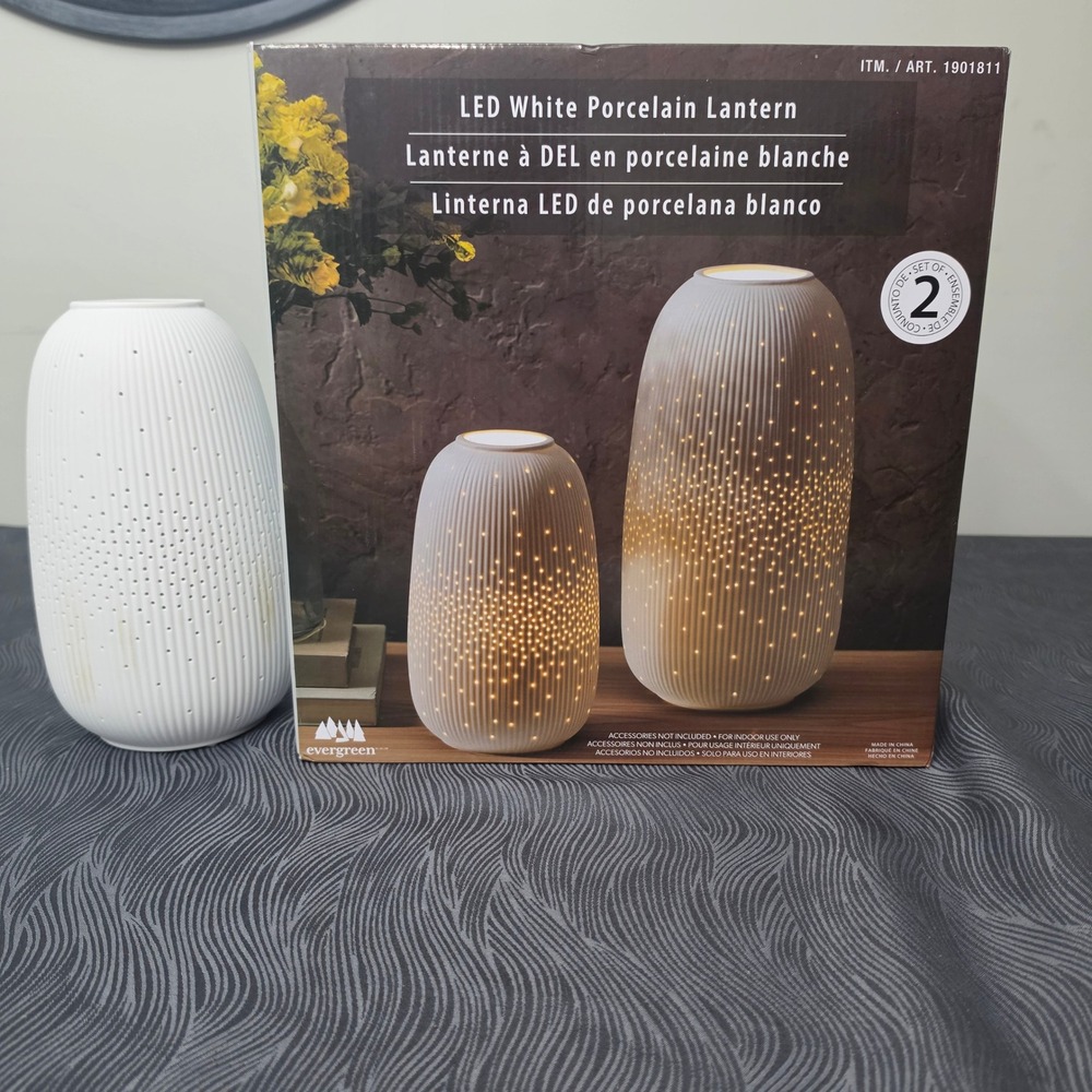 Evergreen LED Porcelain Lantern Set 2pc Plus Bonus Small Size White Rechargeable